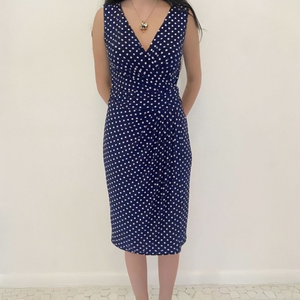 Chaps Blue Polka Dot Faux Wrap Bust Wide Waistband Sleeveless Midi Dress Medium